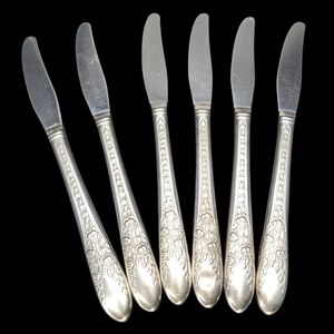 6 Antique 1937 National Silver Co Rose & Leaf Pattern 8.5” Knives Silver Plated